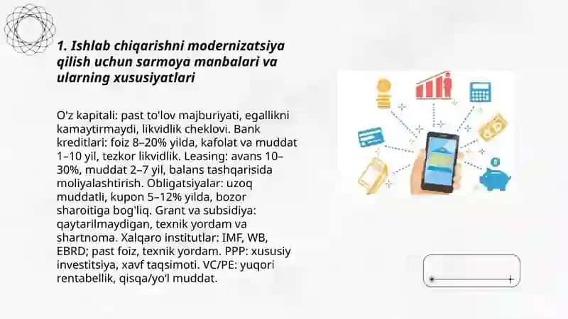 Ishlab chiqarishni yangilash va modernizasiyalash investion dasturlarini moliyalashtirish 3