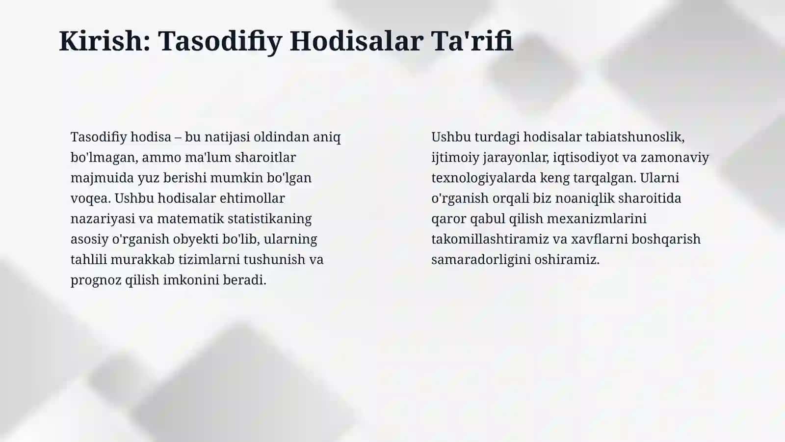 Tasodifiy hodisalar va ularning turlari. 5 ta hodisani yozing va ularni mumkin, mumkin emas, tasodifiy hodisaga ajrating 3