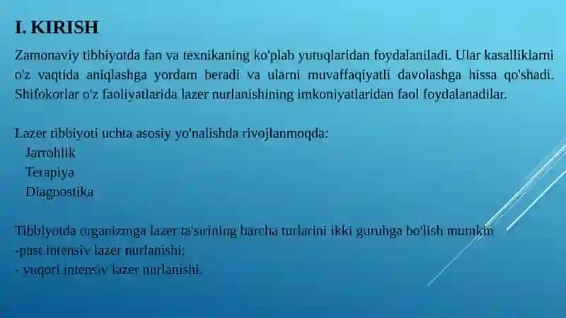 Lazerfizikasi fanidan "Jarrohlikda lazer qo'llanilishining asosiy prinsipi" mavzusidagi kursishi 3