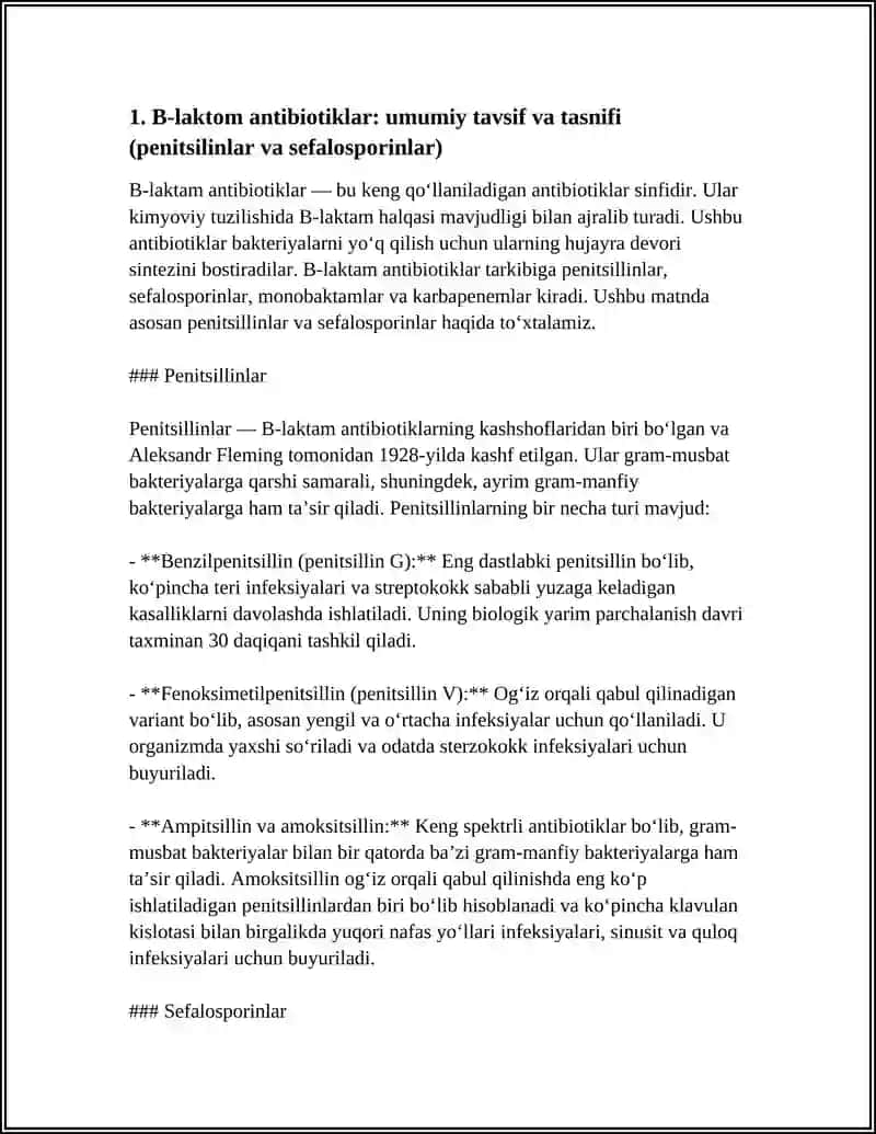 B- LAKTOM ANTIBIOTIKLAR - PENITSILINLAR VA SEFOLOSPARINLARNING DORI VOSITALARI TAHLILI. (PENITSILIN, SEFAZOLIN) 3