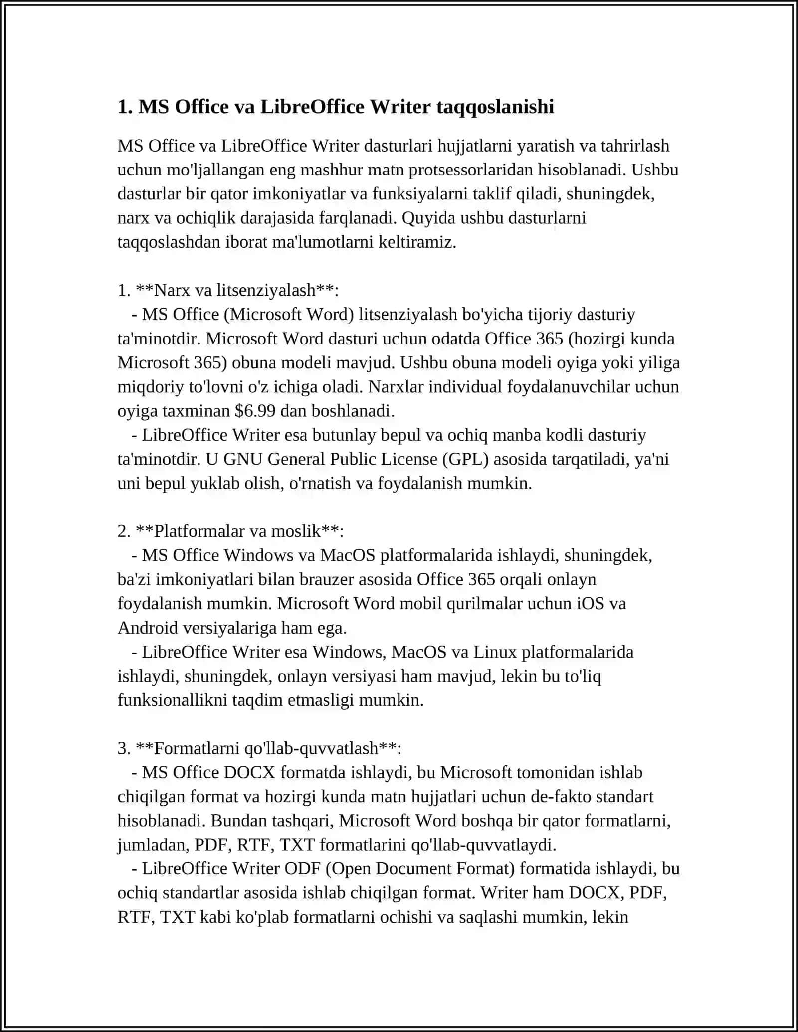 MS OFFICCE, MS WORD, LIBRE OFFICCE WRITER, OPEN OFFICCE WRITER REDAKTORLARINING BIR BIRIDAN FARQI 3