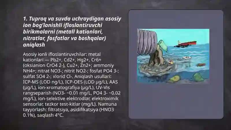 Tuproq va suvning ifloslanishida ion bog’lanishli birikmalarni aniqlab ulardan tozalash g’oyasina ishlab chiqish 3