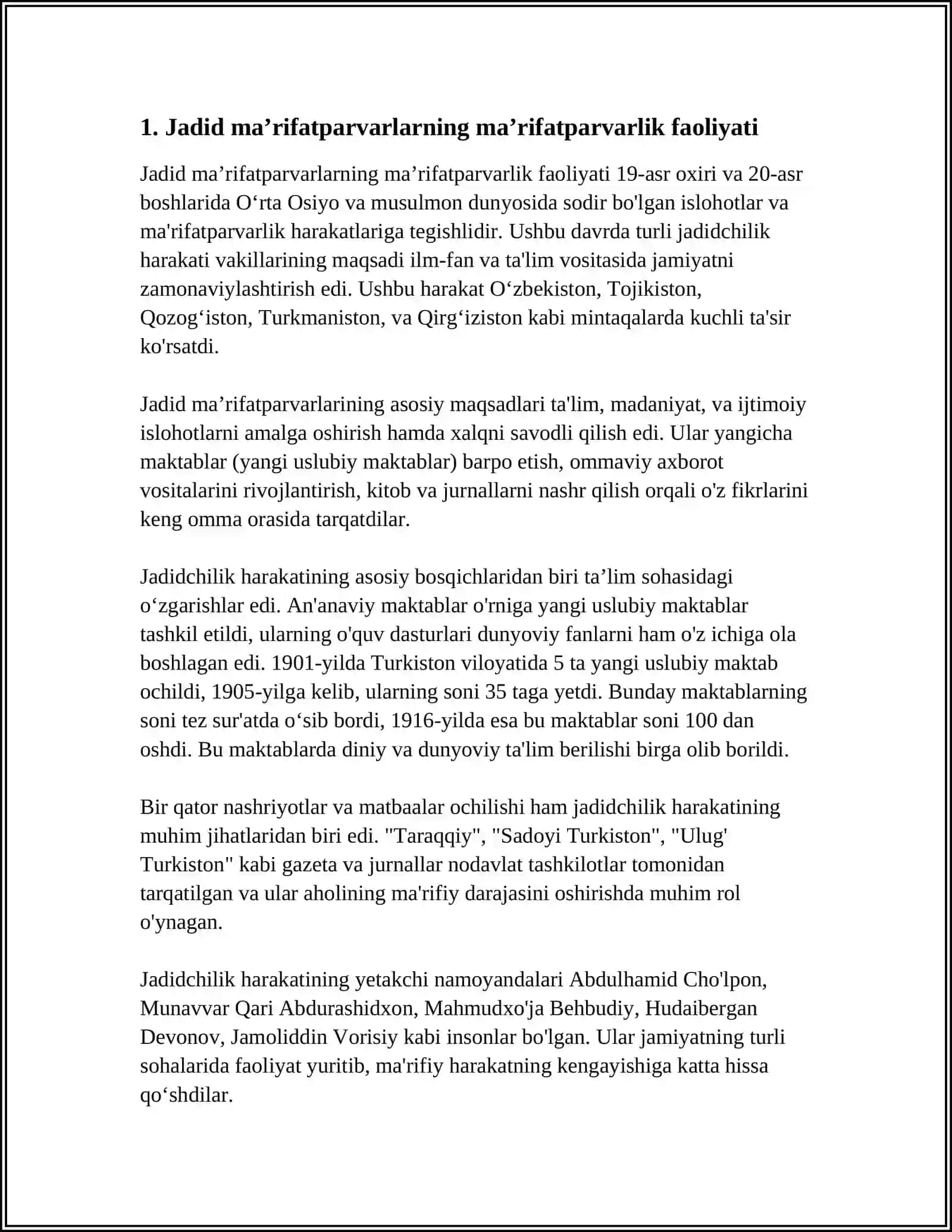 JADID MAʼRIFATPARVARLARINING OʻLKA IJTIMOIY-MANAVIY HAYOTIDA TUTGAN OʻRNI (MUNAVVARQORI, FITRAT, BEHBUDIY, AVLONIY VA BOSHQALAR) 3