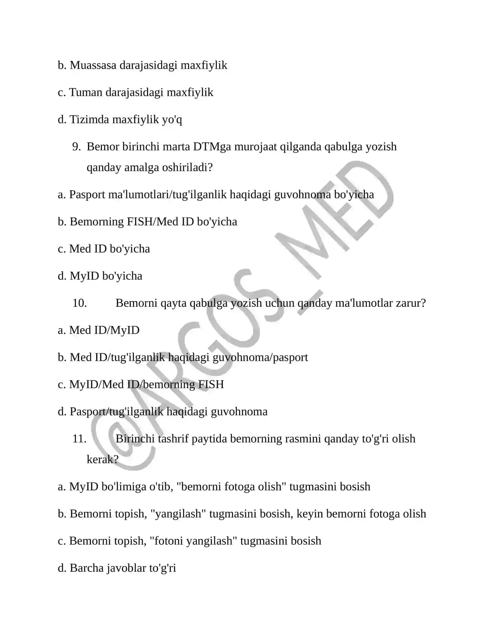 DMED tizimi bo'yicha testlar argos test savol javoblari 3