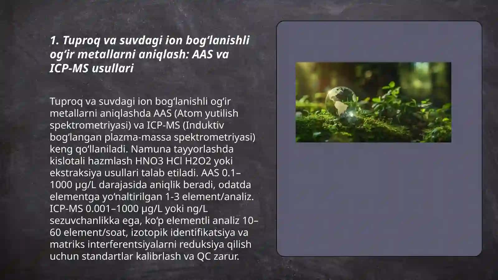 Tuproq va suvdagi ion bog‘lanishli ifloslantiruvchi moddalarni aniqlash va ekologik xavfsiz tozalash usullari 3