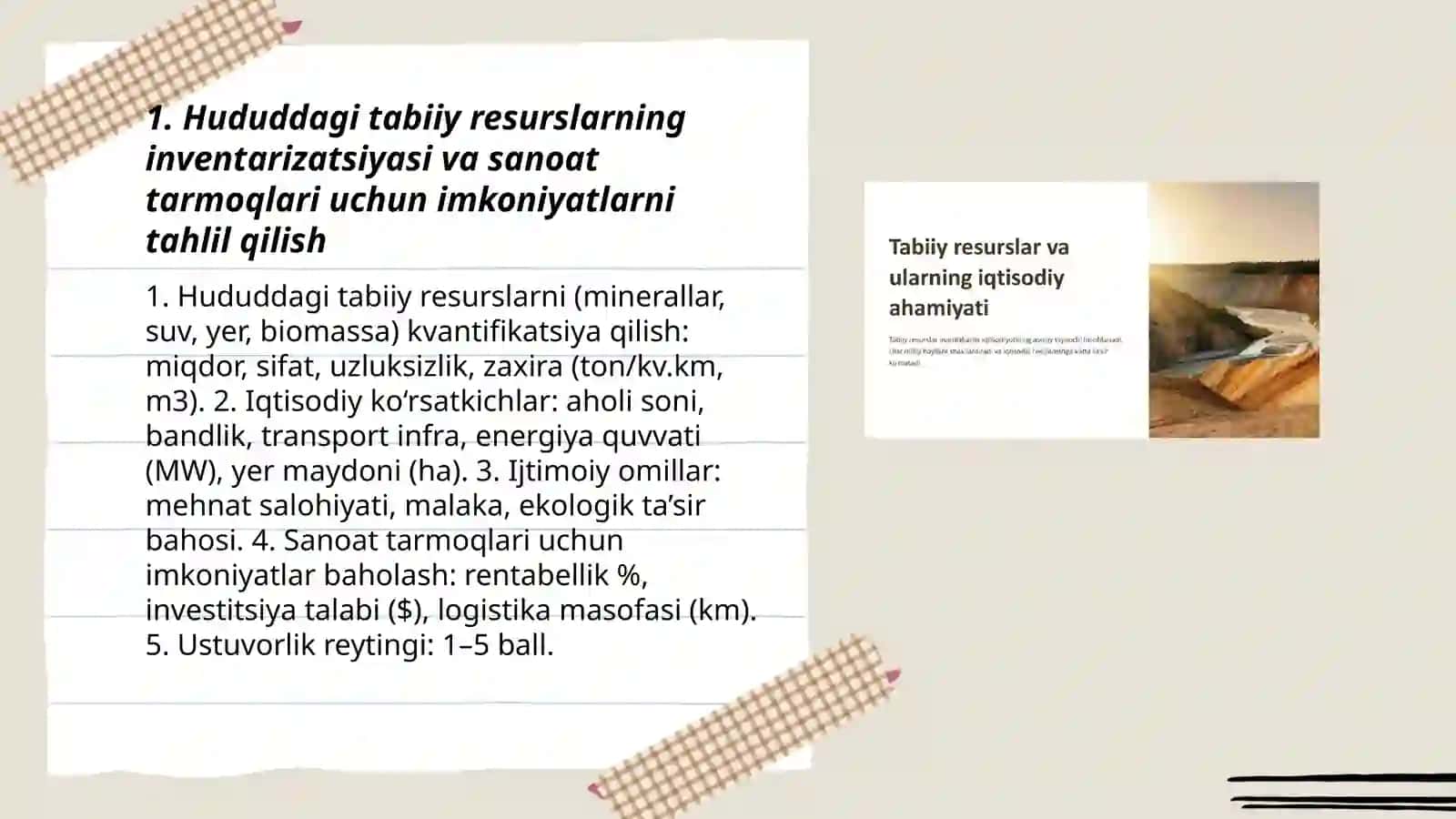 Hududning tabiiy resurs iqtisodiy va ijtimoiy omillarni tahlil qilish asosida biron bir sanoat tarmoqlarini joylashtirish boʻyicha asoslangan takliflar 3