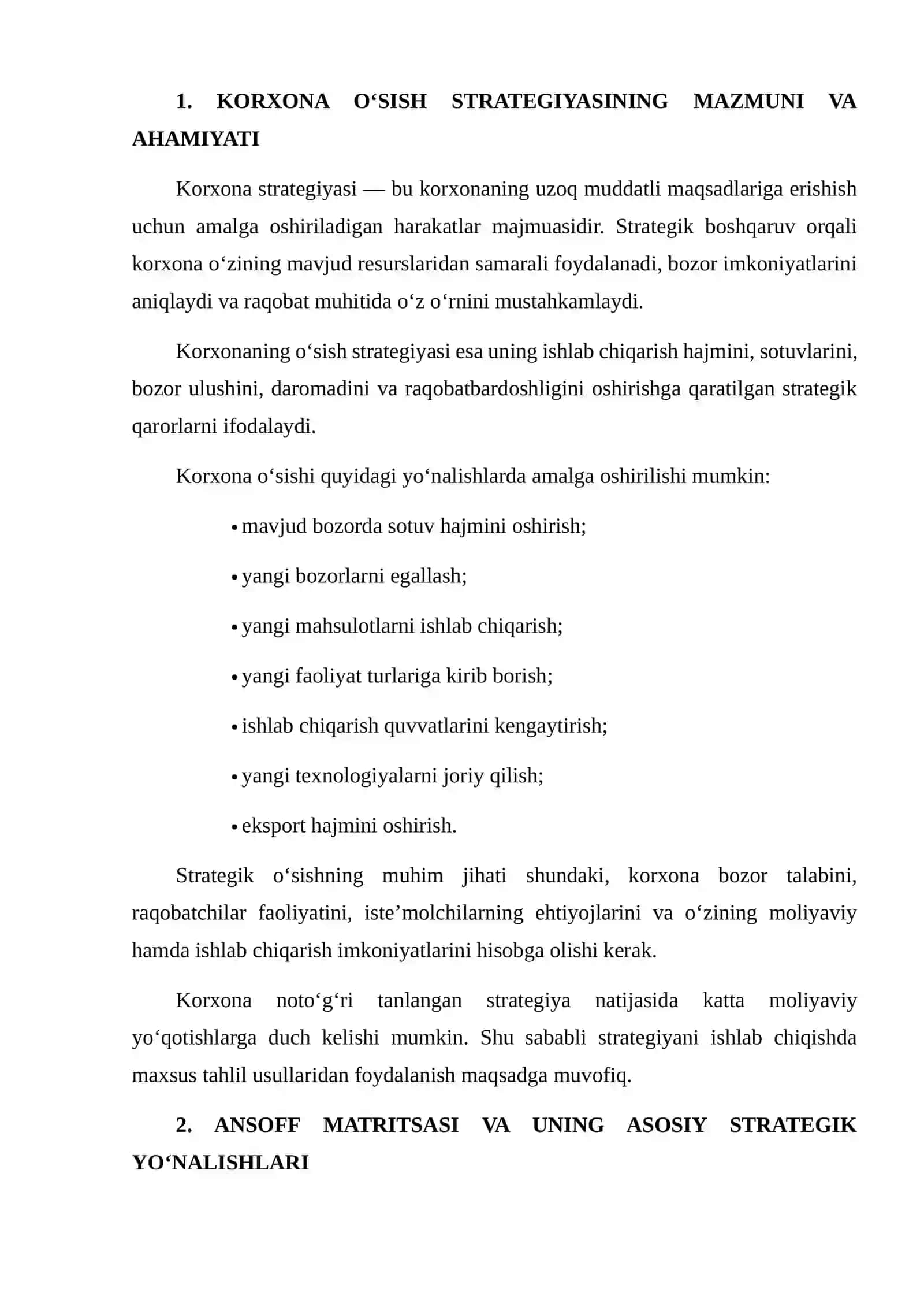 Korxona o‘sish strategiyasini Ansoff matritsiyasi asosida ishlab chiqish 3
