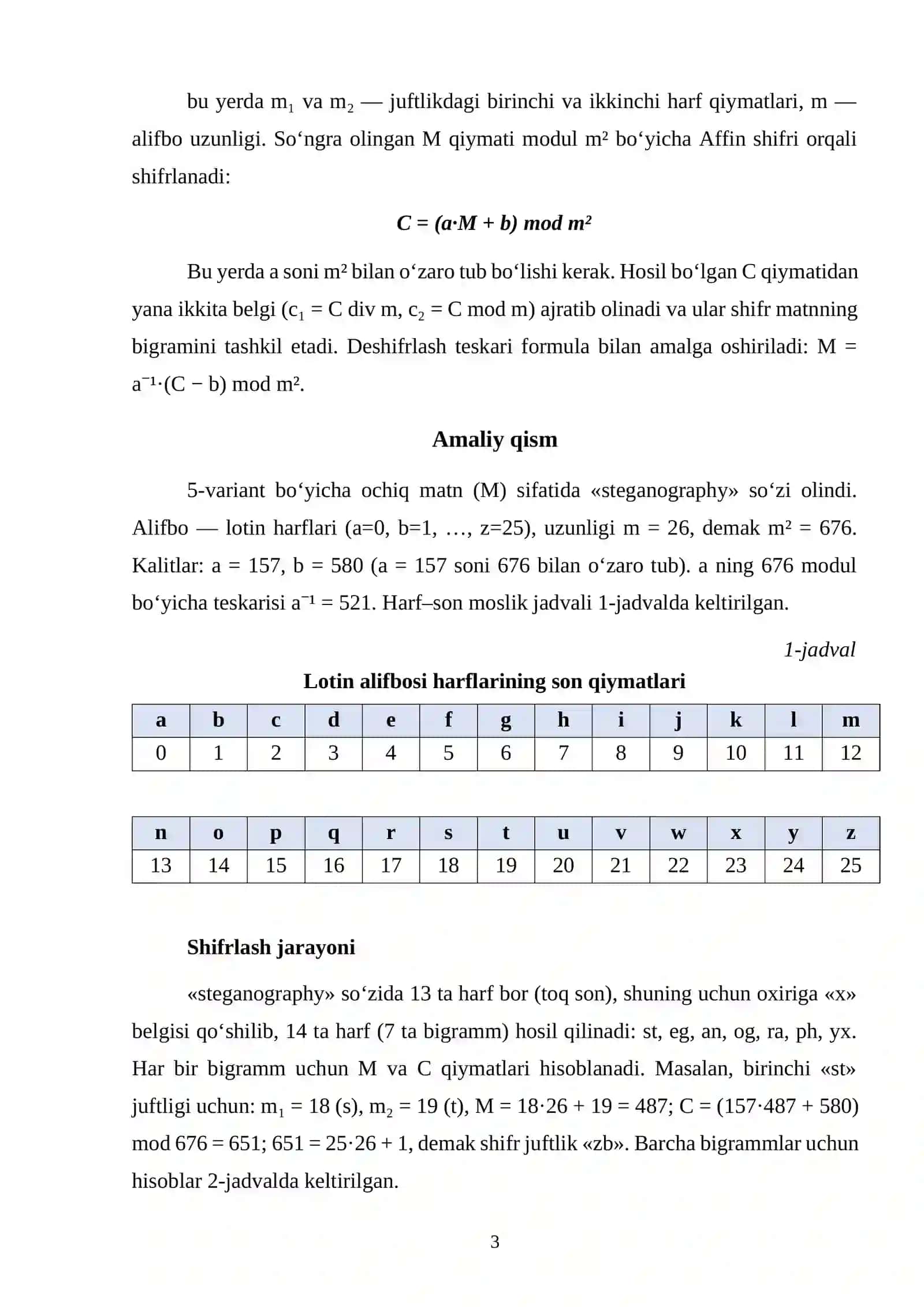 KRIPTOGRAFIYA 2 fanidan - «Bir qiymatli o‘rniga qo‘yishga asoslangan shifrlar tahlili» 3
