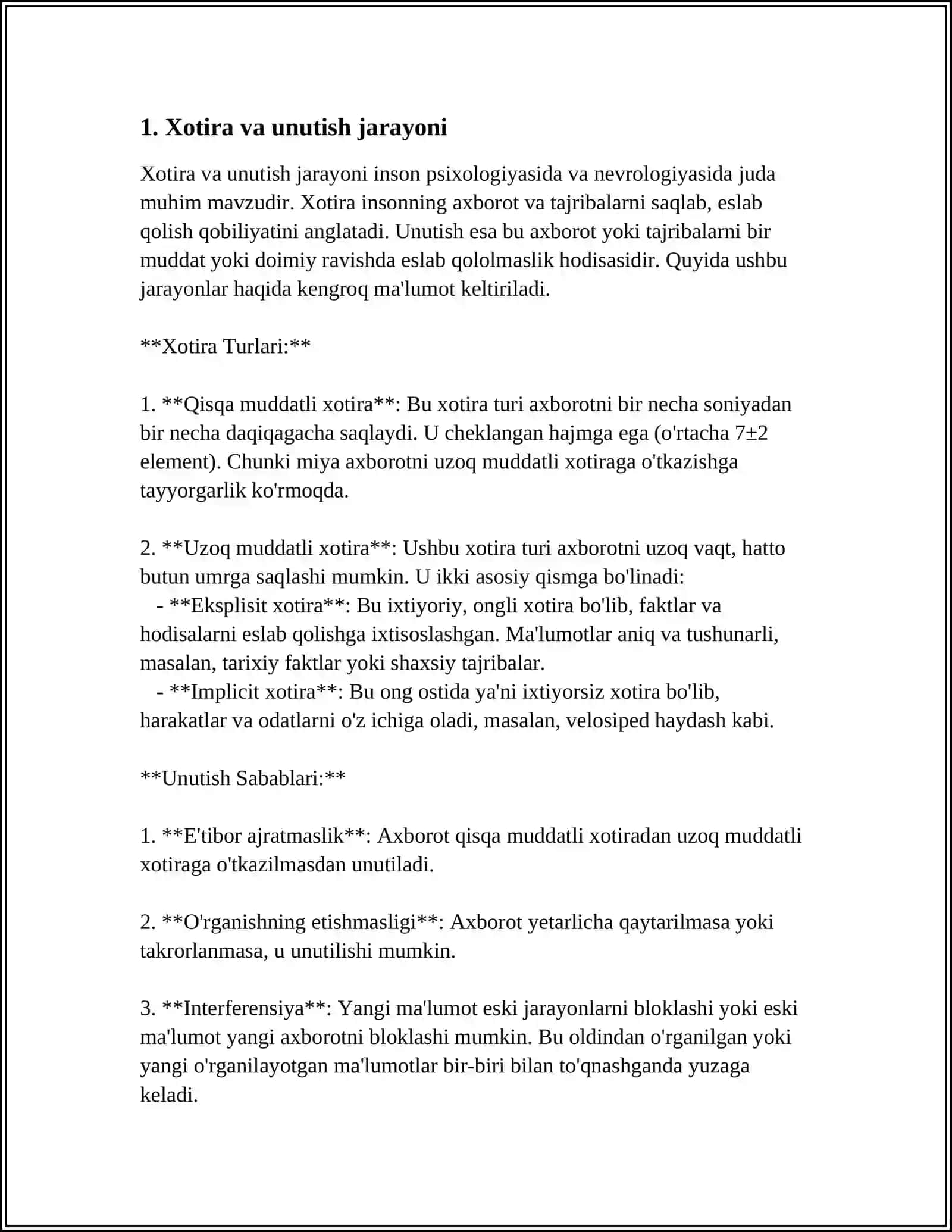 MUSTAQIL ISH Mavzu: XOTIRA 3
