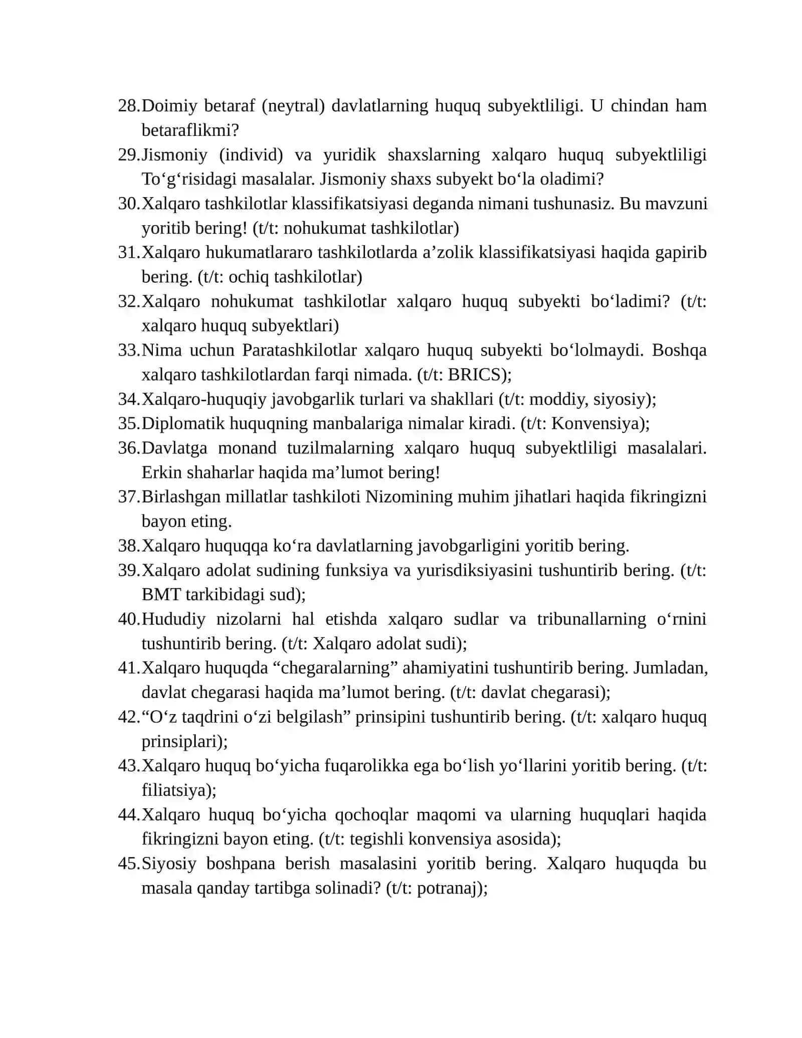 Xalqaro ommaviy huquq fanidan yakuniy nazorat savollari 3