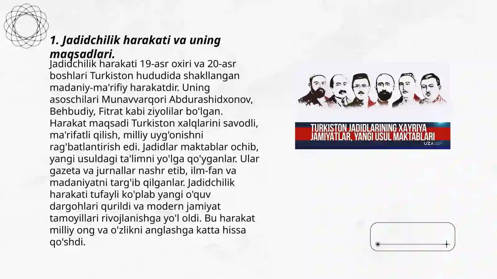 Jadid maʼrifatparvarlarining oʻlkada ijtimoiy-maʼnaviy hayotda tutgan oʻrni( Munavvarqori, Fitrat, Behbudiy, Avloniy ) 3