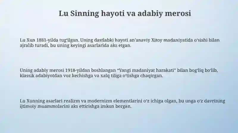 Luy Sin 鲁迅, ning zamonaviy Xitoy adabiyoti boshlanishiga ijodiy ta’siri 3