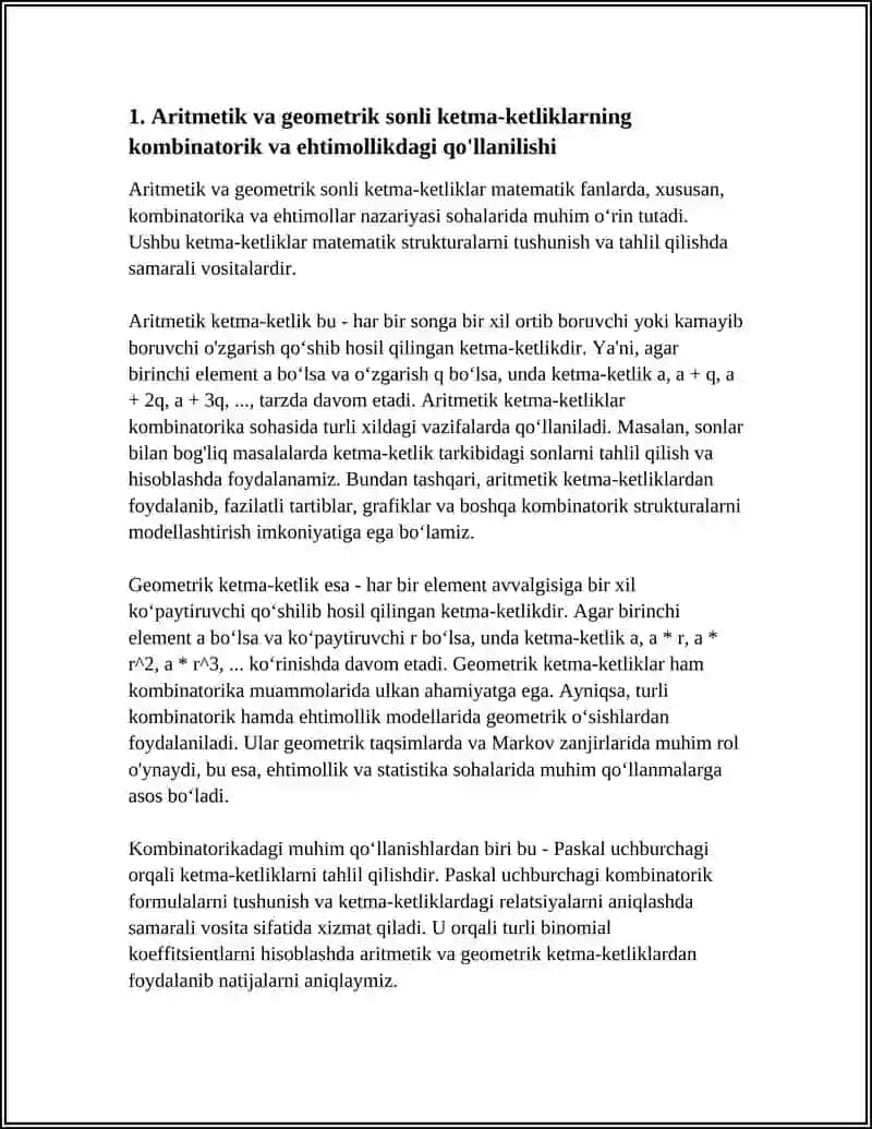 SONLI KETMA-KETLIKLARNI KOMBINOTORIKA, EHTIMOLLAR NAZARIYASIDAGI TAQBIQLARI 3