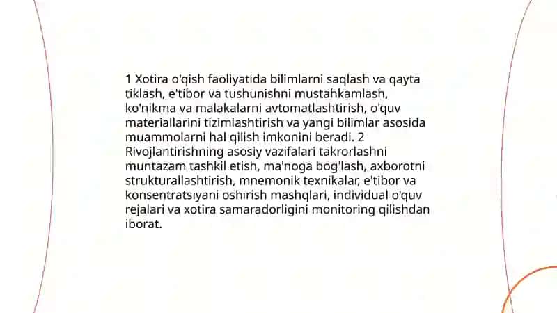 Xotirani o'qish faoliyatida rivojlantirishning vazifalari va uning shart sharoitlari 3