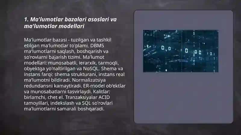 Ma'lumotlar bazalari va bug data bilan ishlash texnologiyalari 3