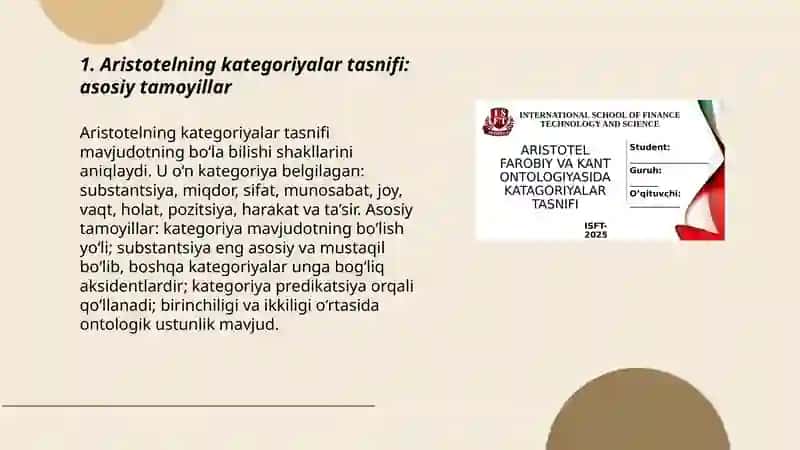 Aristotel, Forobiy va Kant ontologiyasida kategoriyalarning tasnifi 3