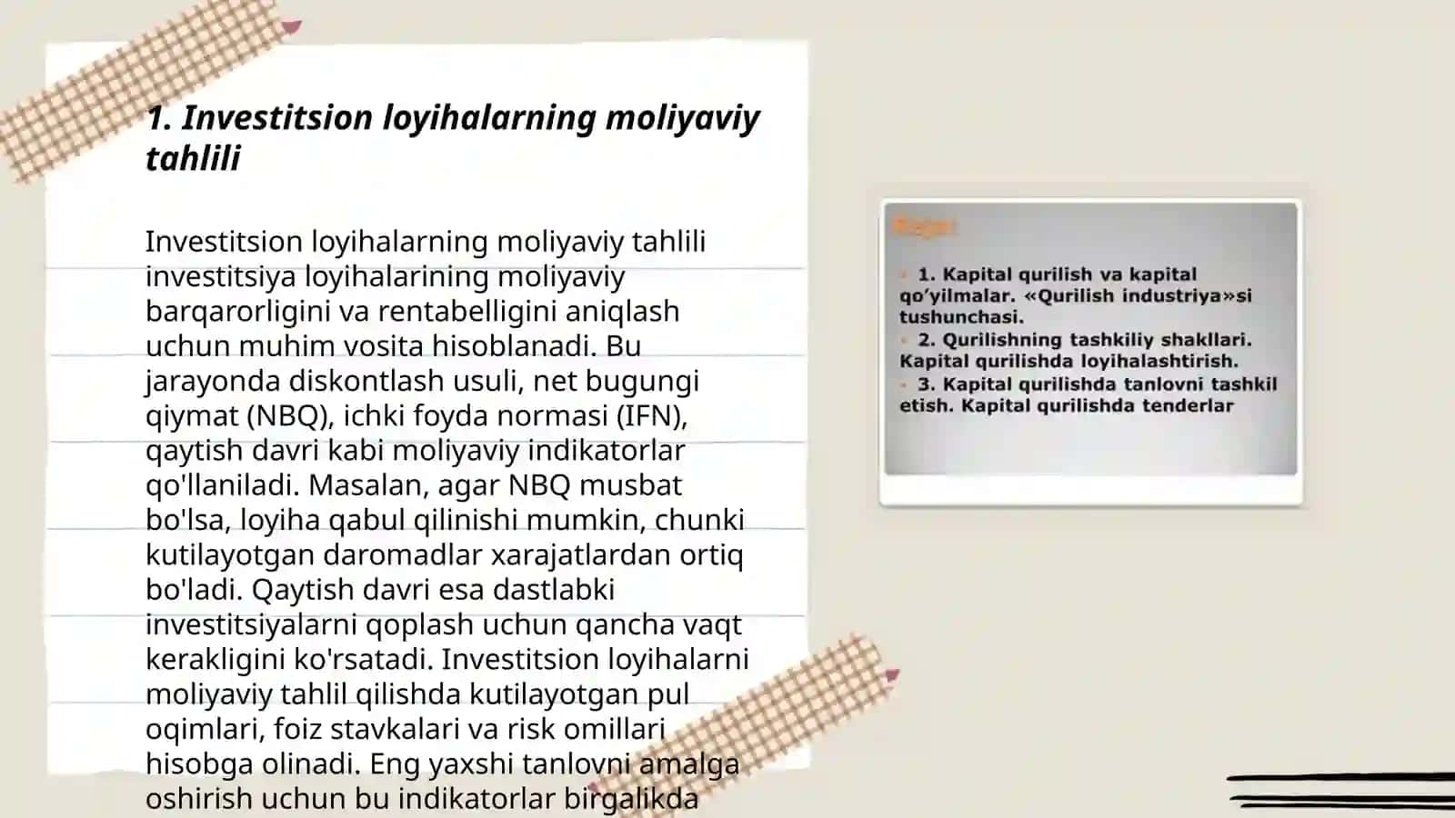 Investitsion faoliyatda kapital qurilish 3