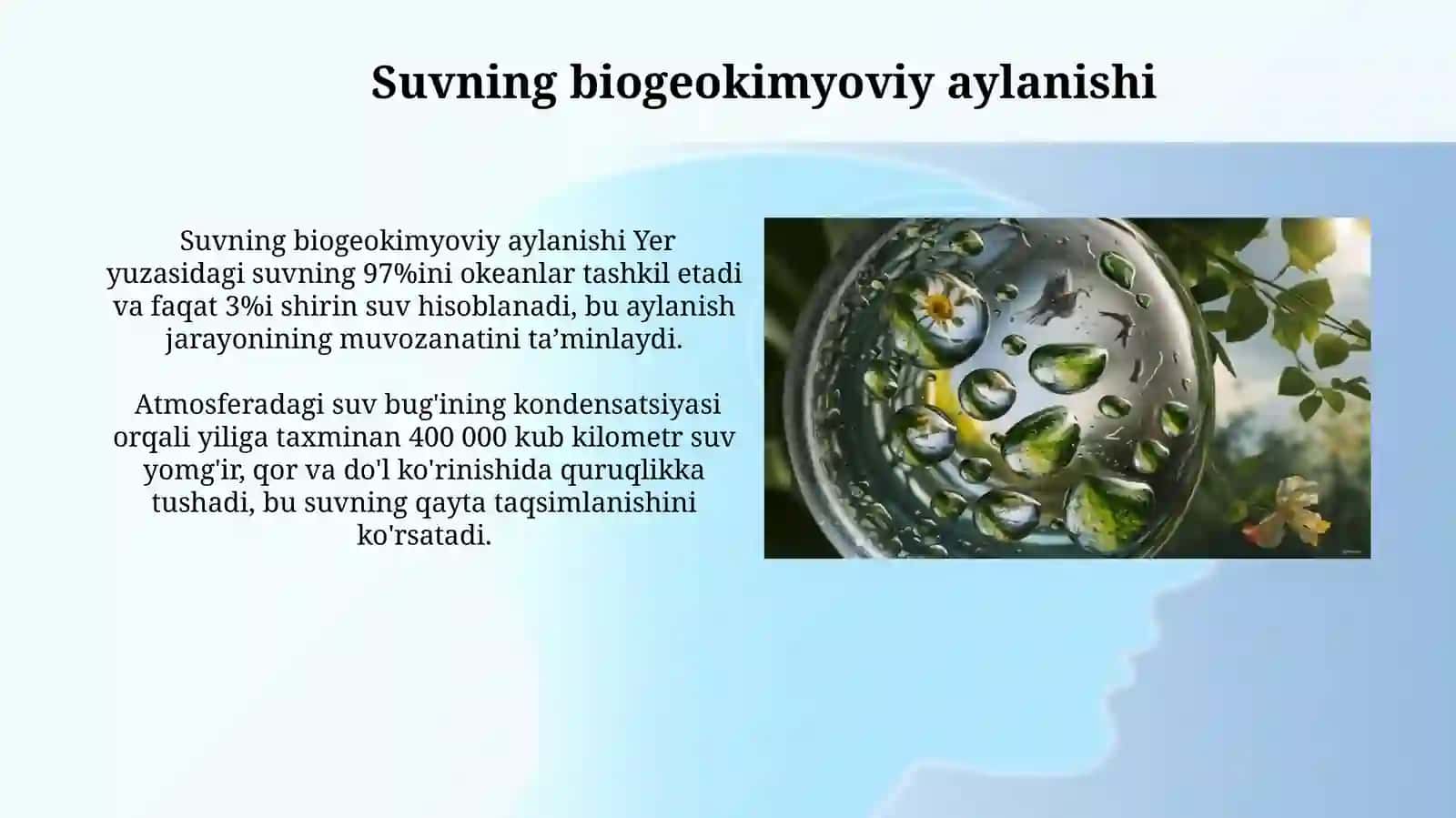 Suvning tarkibi, tuzilishi, fizik - kimyoviy xossalari, ishlatilishi, tabiatda aylanishi 3