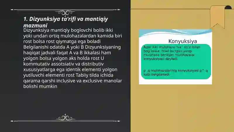 Dizyunksiya va kongyunksiya turlar.Mulohaza turlari 3