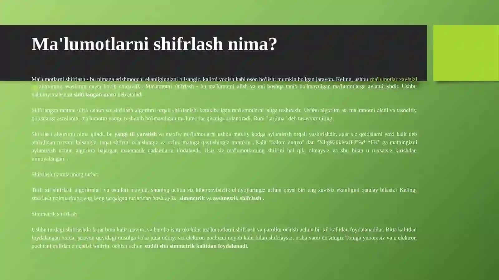 Ma'lumotlar shifrlash usullari va algoritmlari (AES, RSA va boshqalar) 3