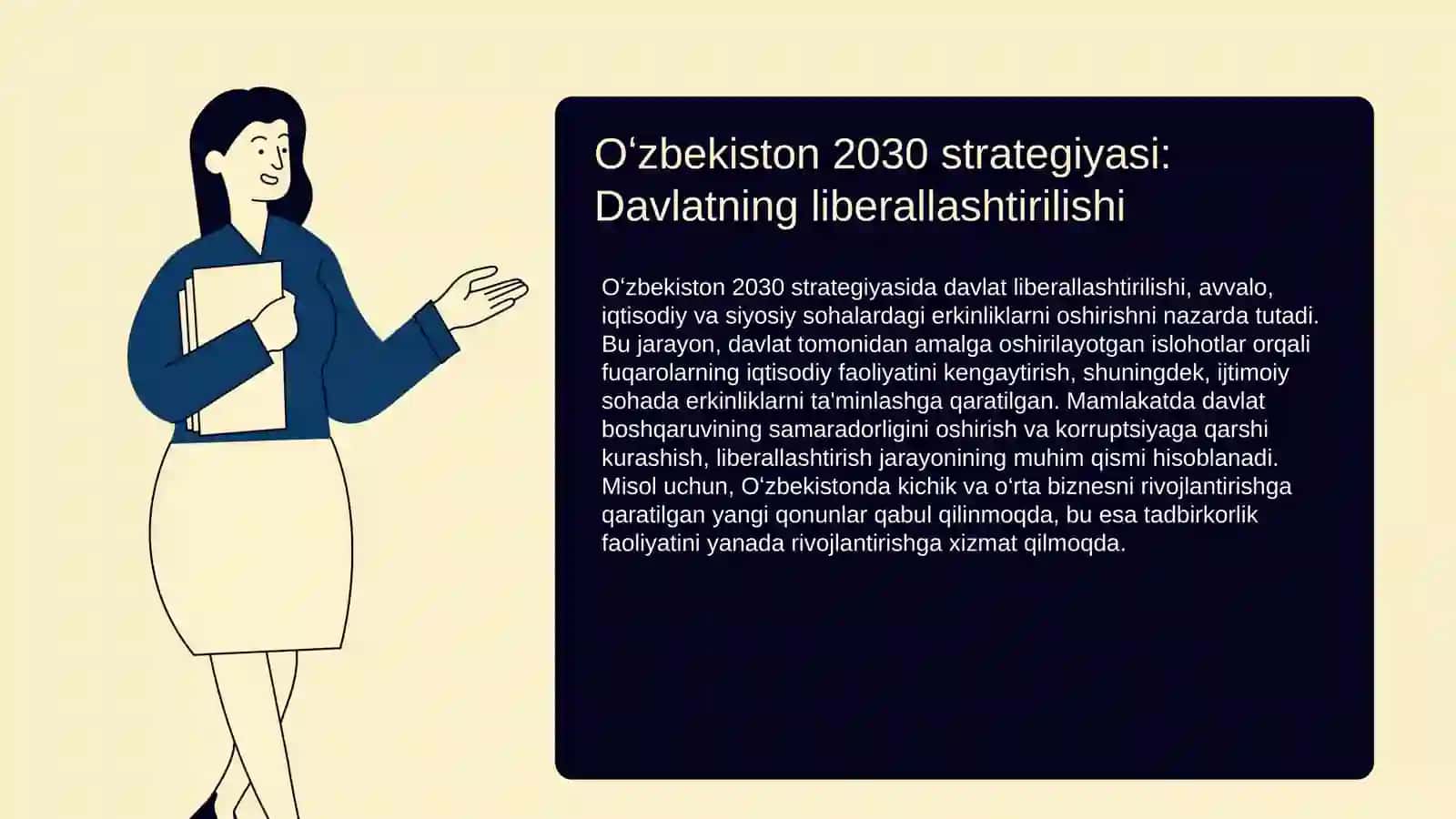 Oʻzbekiston 2030 strategiyasida davlat jamiyat va shaxsga oid sohalarni liberallashtirish isloh qilishning oʻziga xos jihatlarini amaliy misollar tushuntiring 3