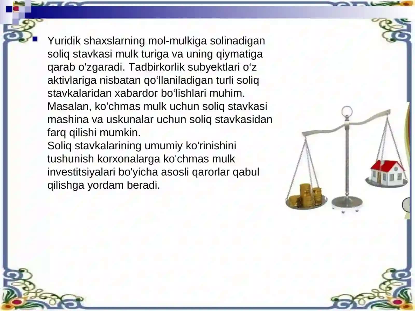 Taqdimot Yuridik shaxslarning mol-mulkiga solinadigan soliq. Yuridik shaxslardan olinadigan yer solig’i 3