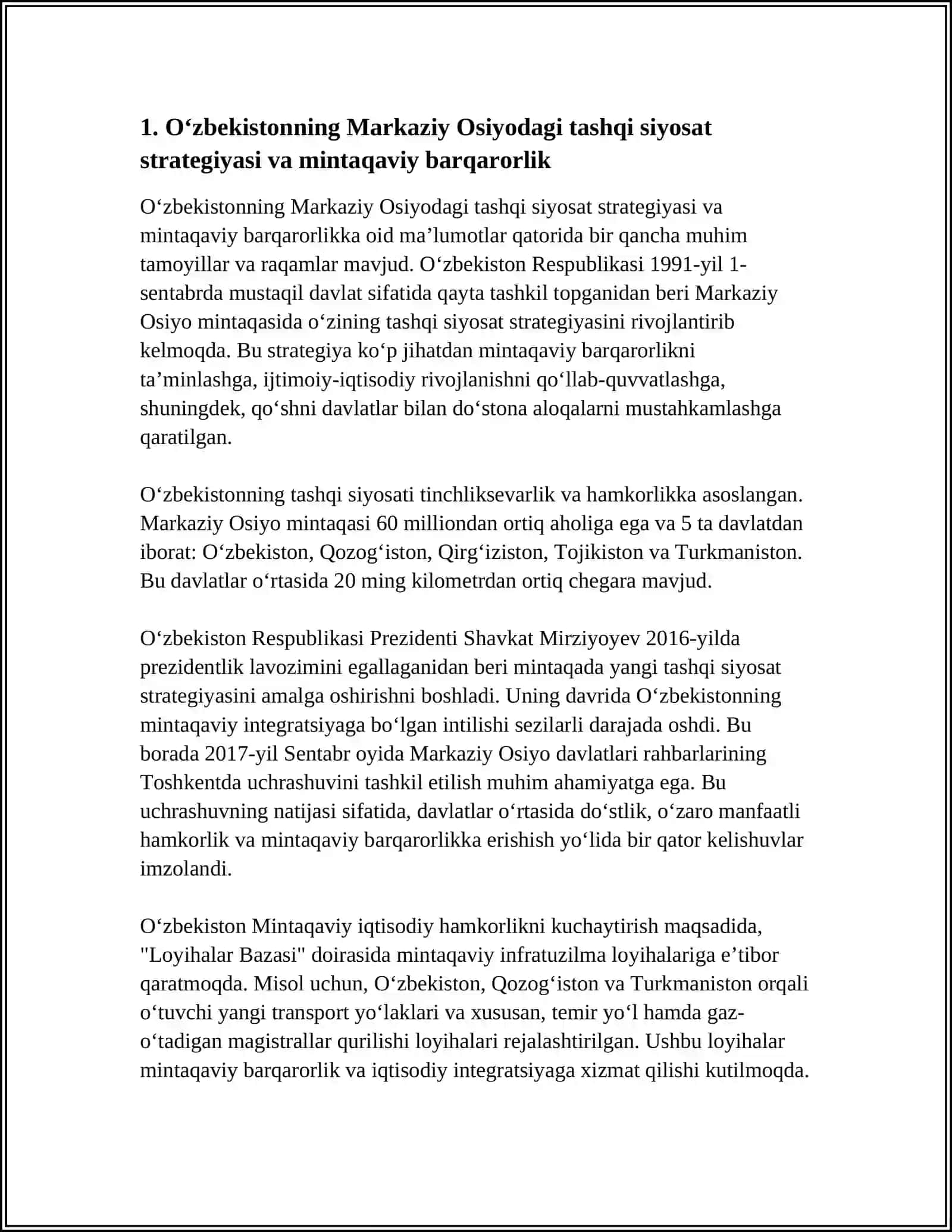 O‘ZBEKISTONNING MARKAZIY OSIYODA TINCHLIK VA BARQARORLIKNI TA’MINLASHDAGI O‘RNI 3