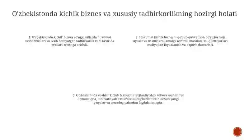 O'Zbekistonda Kichik Biznes Va Xususiy Tadbirkorlikning Holati Va Uni Rivojlantirishda Yoshlarning Roli 2021 2022 2023 Yillar 3