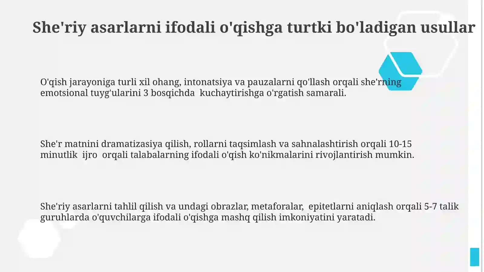Badiiy asarlarni ifodali o'qishda rag'batlantirish usullari 3