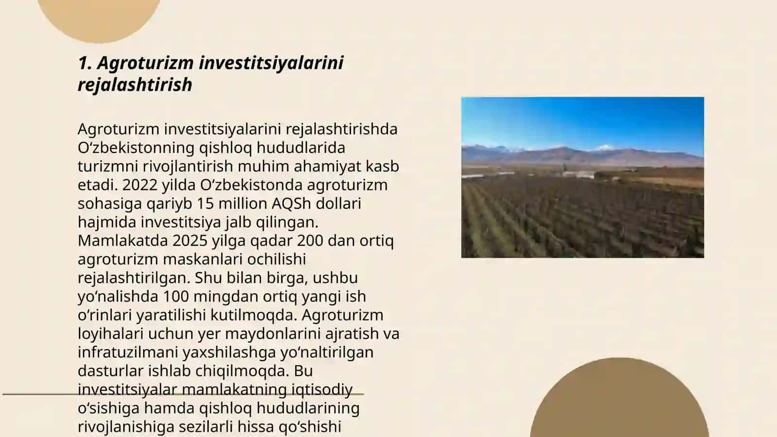 Turizm (agroturizm) sohasida investitsiyalarni jalb qilishni tashkil etish 3