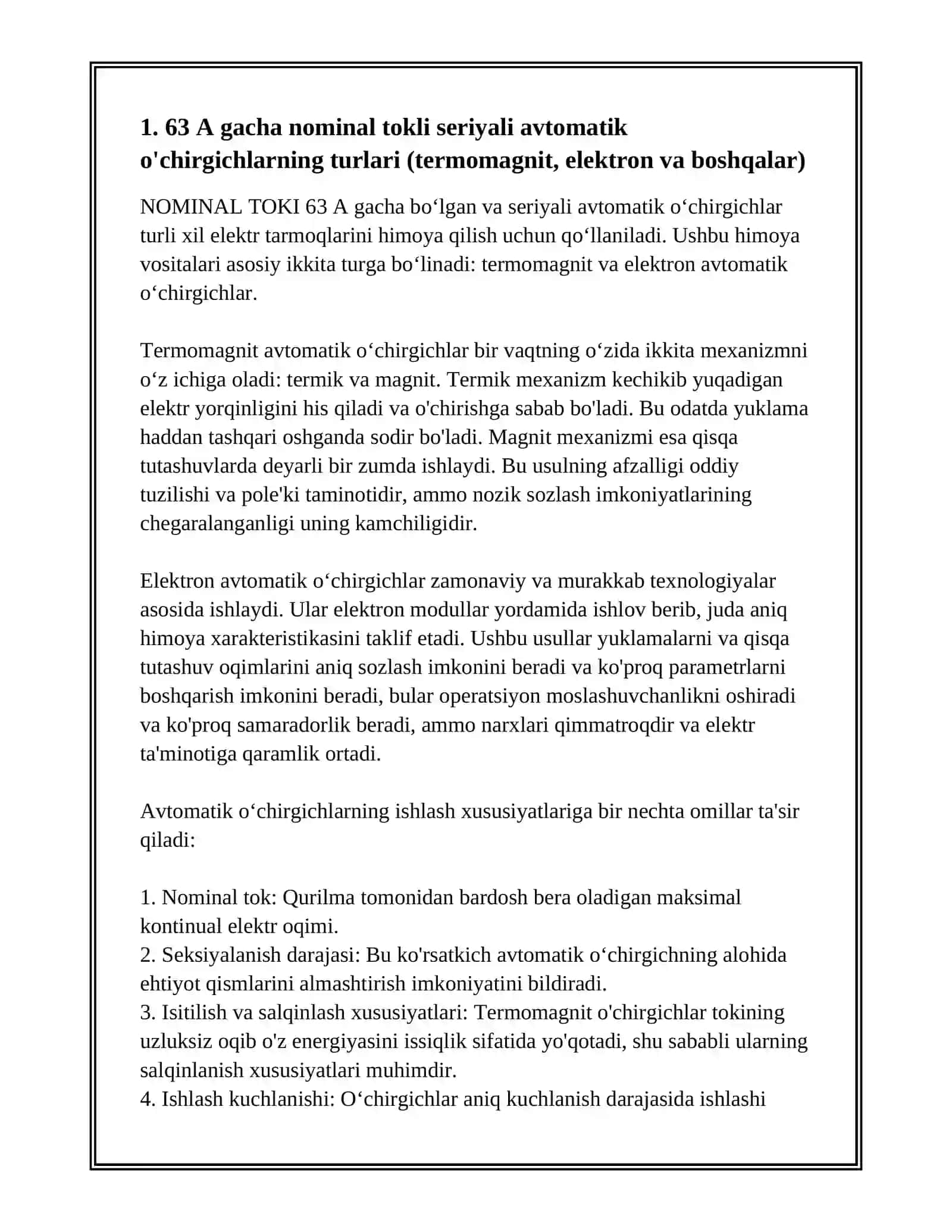 NOMINAL TOKI 63 A GACHA BOʻLGAN VA SERIYALI AVTOMATIK O'CHIRGICHLAR YORDAMIDA KVGACHA KUCHLANISHLI ELEKTR TARMOQLARINI HIMOYA QILISH 3