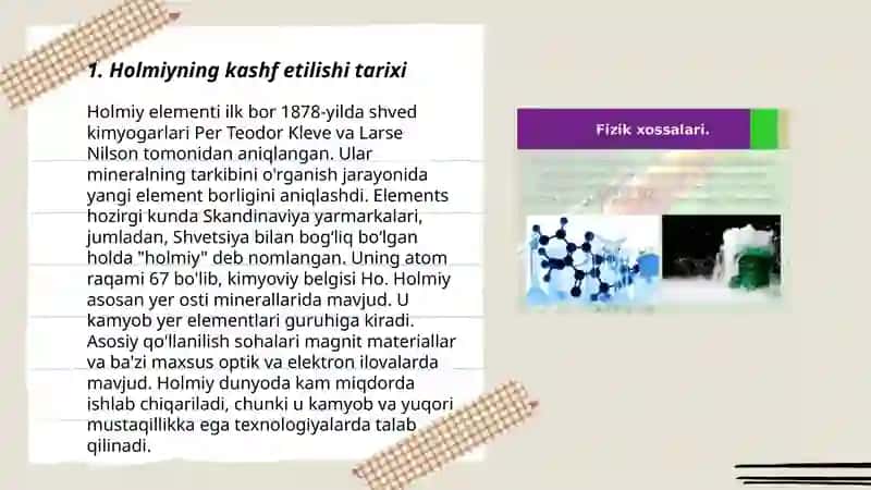 Holmiy va Erbiy elementlarining olinishi,xossalari va ularning ishlatilishi 3