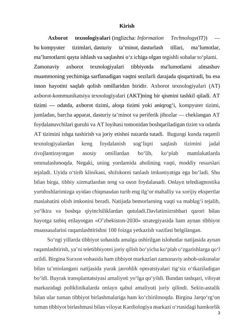 "Zamonaviy axborot texnologiyalaridan bugungi kunda foydalanish darajasi, ularni tibbiyotning turli sohalarida ma’lumotlar to’plashda, diagnostika va davolashda tutgan o’rni" 3