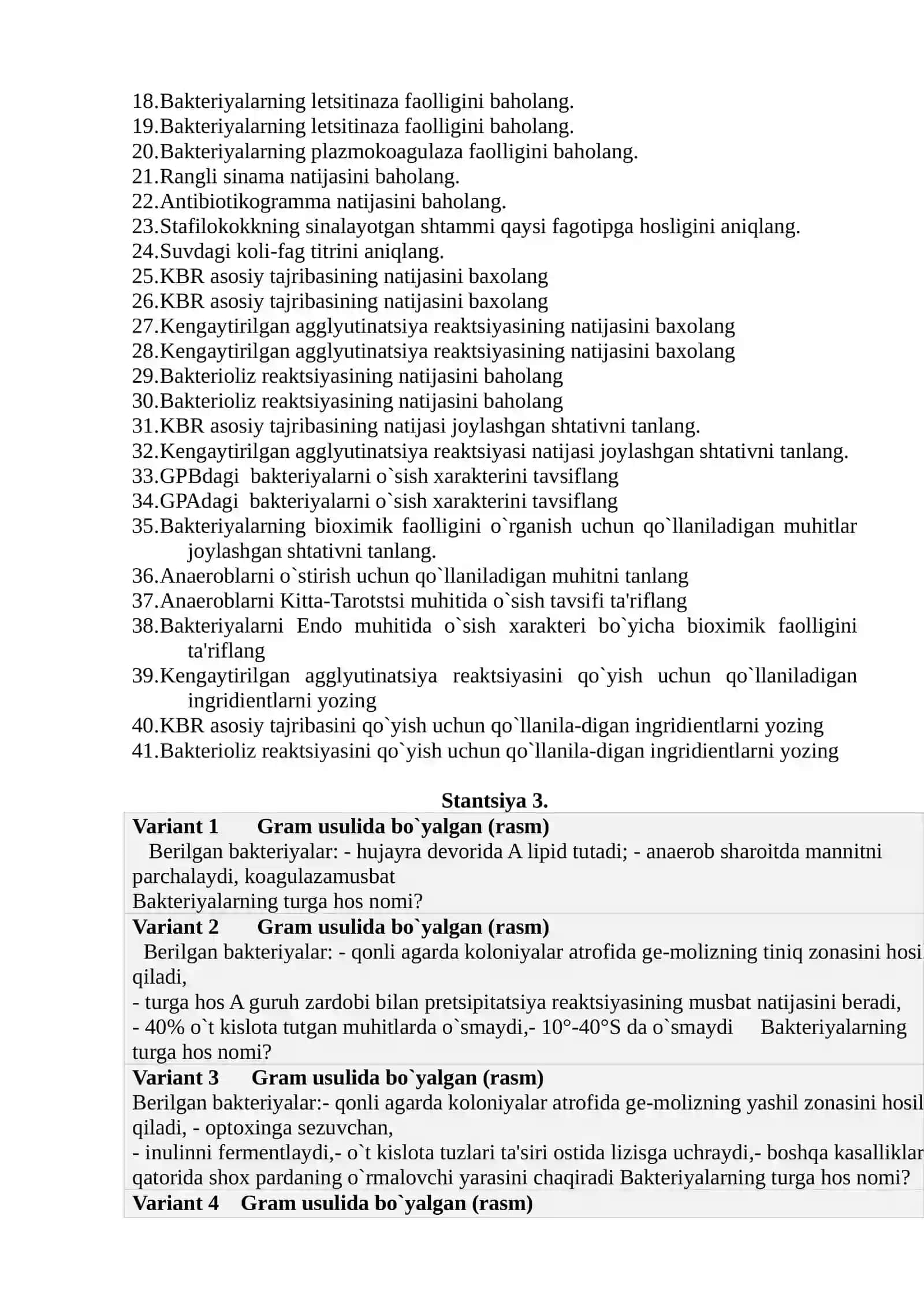 OSE USULIDA YAKUNIY BILIM NAZORATNI O`TKAZISH UCHUN SAVOLLAR XUSUSIY MIKROBIOLOGIYA BO’YICHA 3