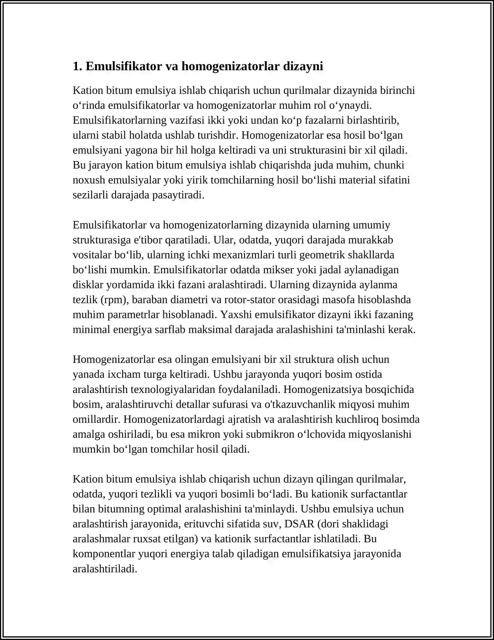 Kation bitum emulsiyalarini ishlab chiqarish uchun qurilmalar dizayni 3