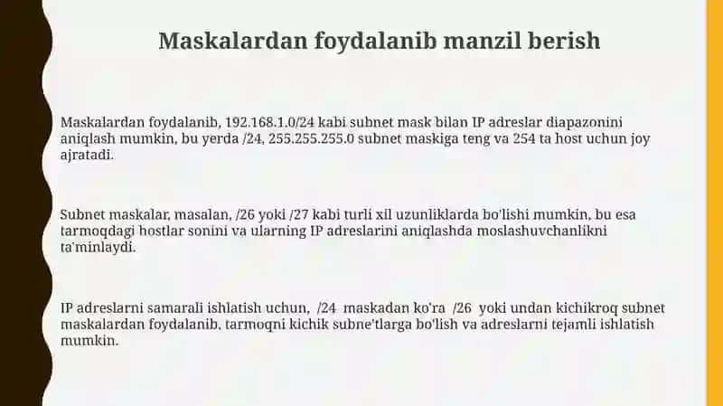 IP adreslar. Sinfli adreslar. Maskalar yordamida adreslash. IP adreslardan tejamkor foydalanish 3
