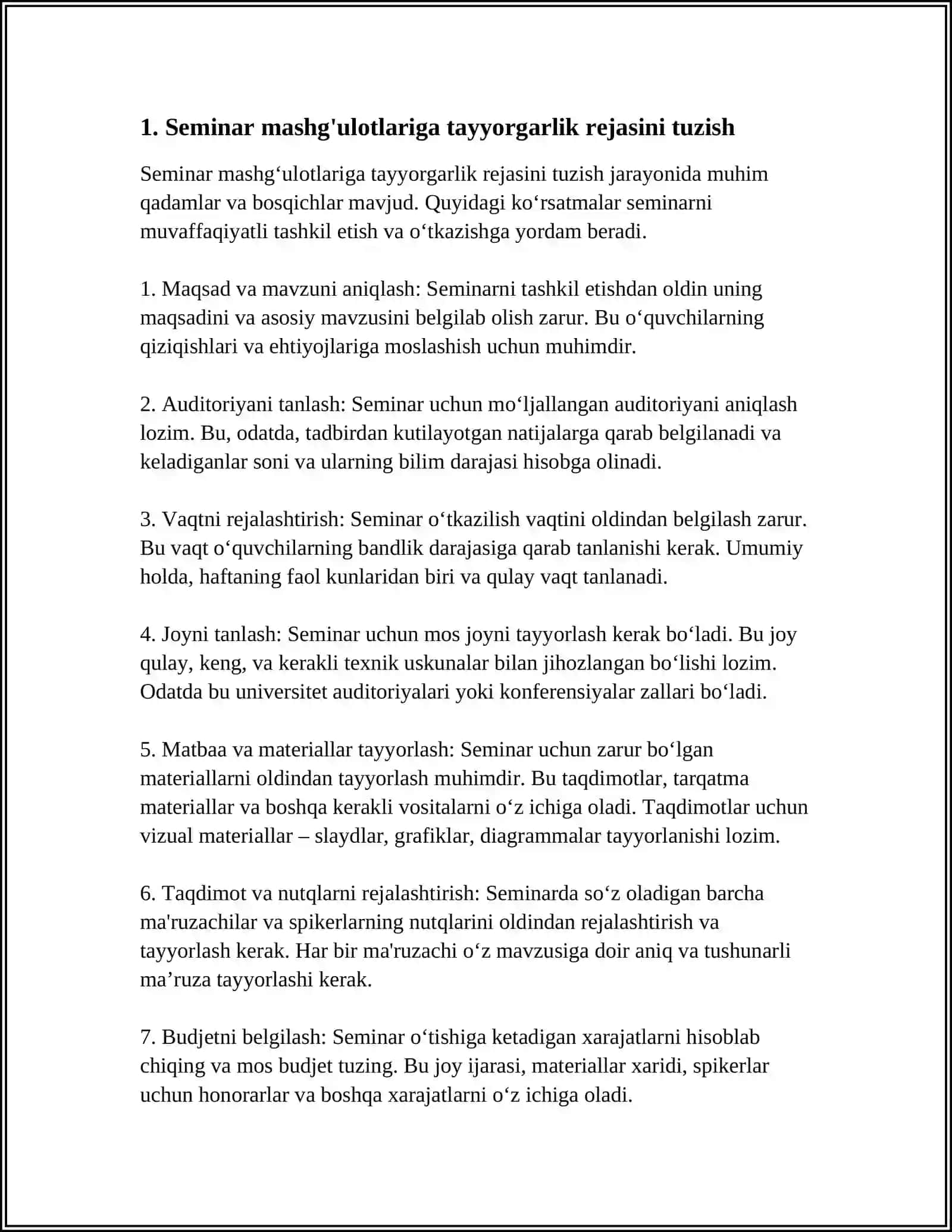 SEMINAR MASHGʻULOTLARIGA TAYYORGARLIK KOʻRISH VA UY ISHLARINI BAJARISH 3