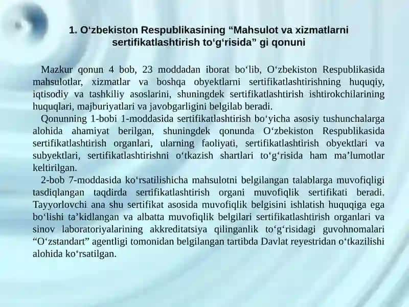 "Mahsulot va xizmatlarni sertifikatlashtirish to'g'risida" gi qonuni 3
