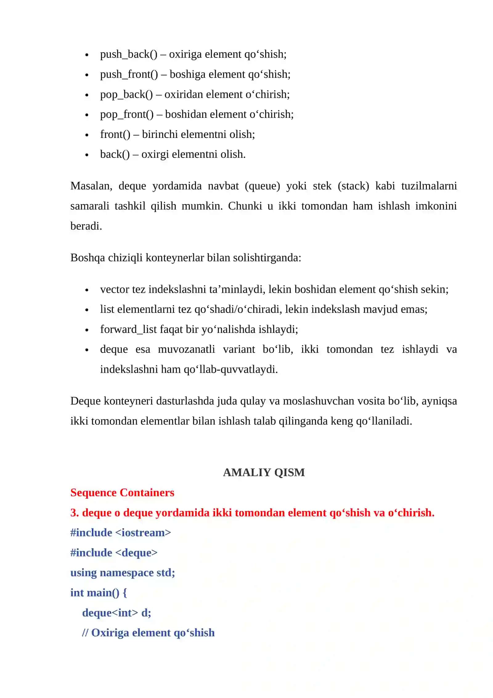 Konteynerlar (Kolleksiyalar). Chiziqli konteynerlar (list, forwardlist, deque) 3