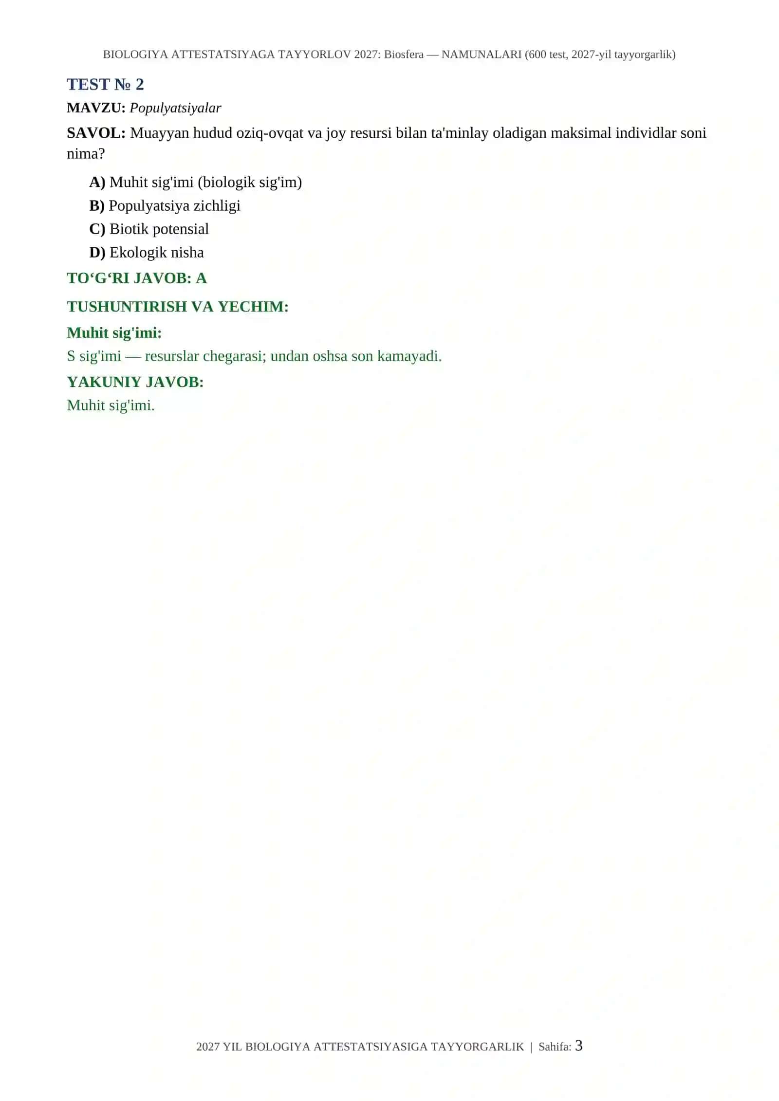 BIOLOGIYA ATTESTATSIYAGA TAYYORLOV 2027: Biosfera — NAMUNALARI (600 test, 2027-yil tayyorgarlik) 3