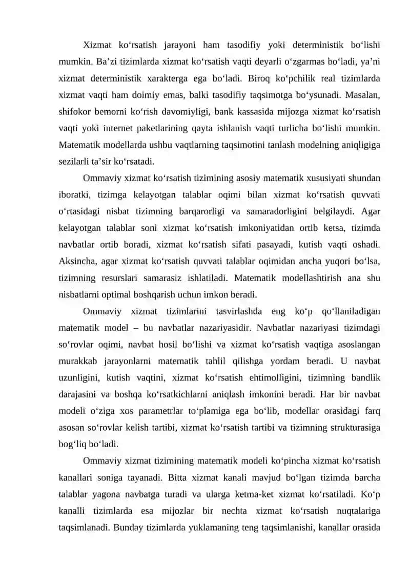 OMMAVIY XIZMAT KO‘RSATISH TIZIMINING MATEMATIK VA SIMULYATSIYALASH MODELLARI 3