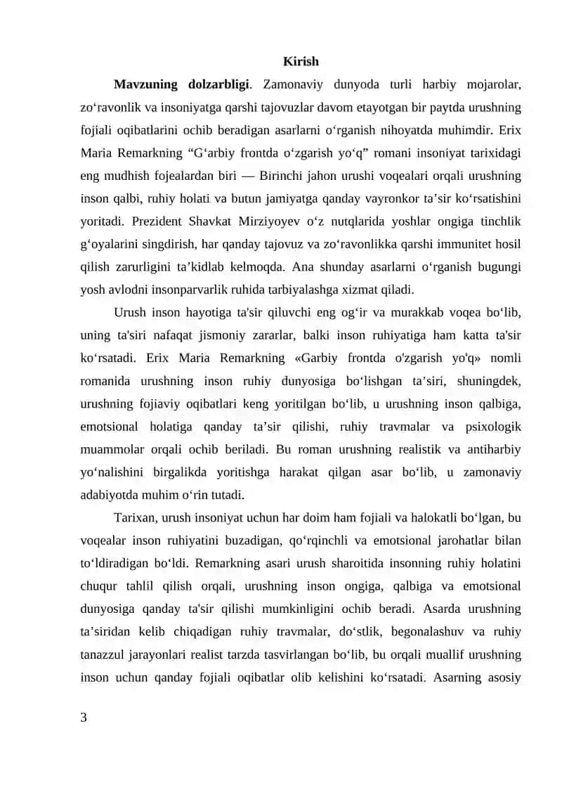 ERIX MARIA REMARKNING "G‘ARBIY FRONTDA O‘ZGARISH YO‘Q" ANTIHARBIY VA REALISTIK ROMANIDA URUSHNING INSON RUHIY DUNYOSIGA KO‘RSATGAN TA’SIRI VA URUSHNING FOJIAVIY OQIBAT 3