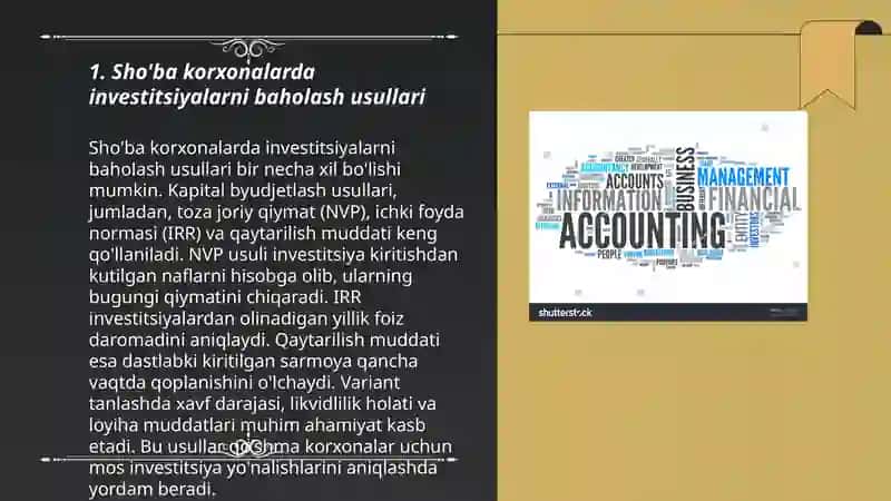 Sho'ba korxonalarda investitsiyalarni baholash usullari 3