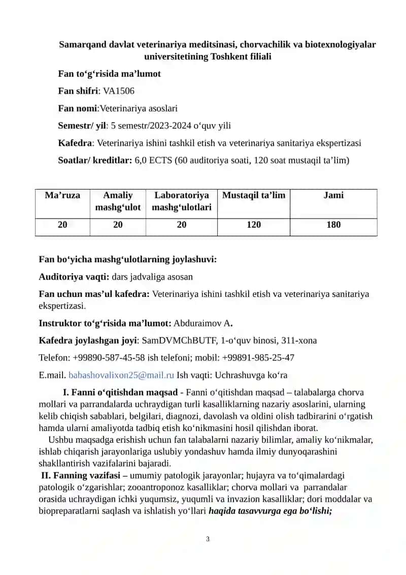 VETERINARIYA ASOSLARI FANINING ISHCHI O‘QUV DASTURI (SILLABUSI) 3