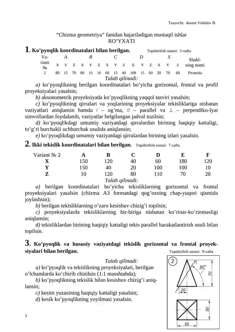 "Chizma geometriya" fanidan bajariladigan mustaqil ishlar 3