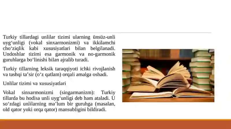 Turkiy tillarda unlilar tizimi.Singarmanizm hodisasi.ikkilamchi choziqlik,turkiy tillarda undoshlar tizimi.Turkiy tillarning leksik taraqqiyoti.Oz qatlam 3