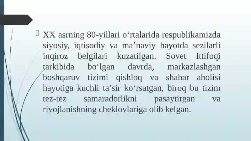 XX asr 80-yillari o'rtalarida respublikamizdagi ijtimoiy-siyosiy, iqtisodiy va ma'naviy hayotidagi inqirozli holat. 3