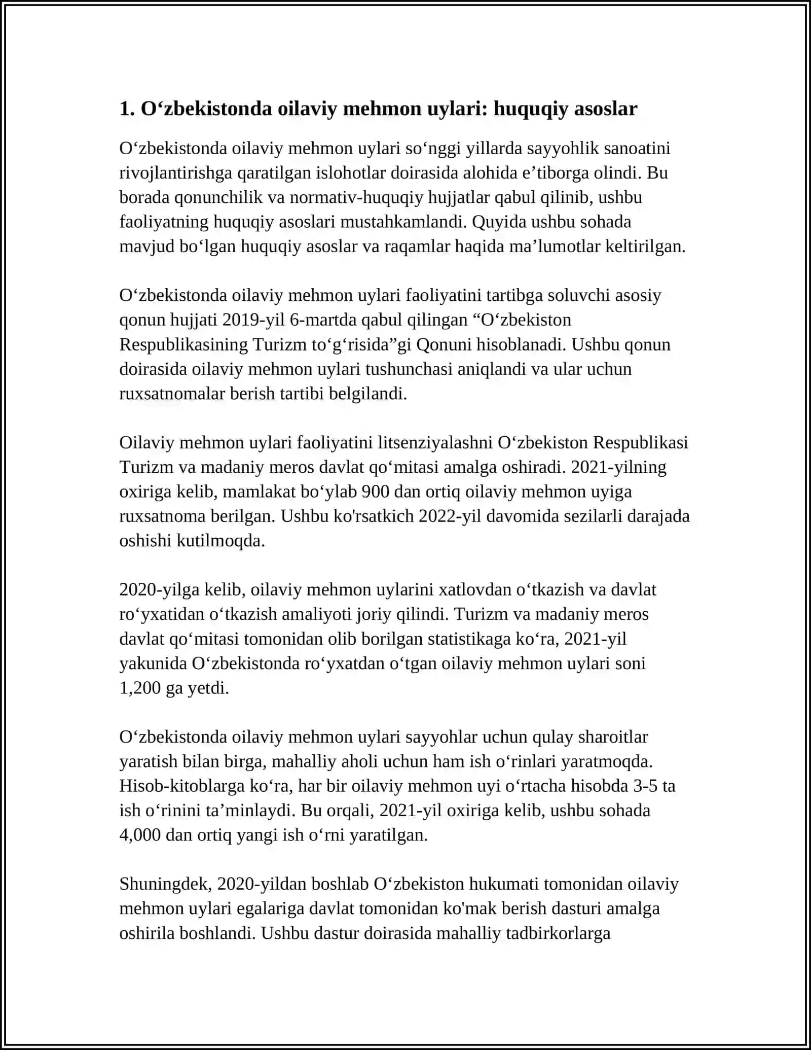 O‘ZBEKISTON RESPUBLIKASIDA OILAVIY MEHMON UYLARNI TASHKIL ETISH 3