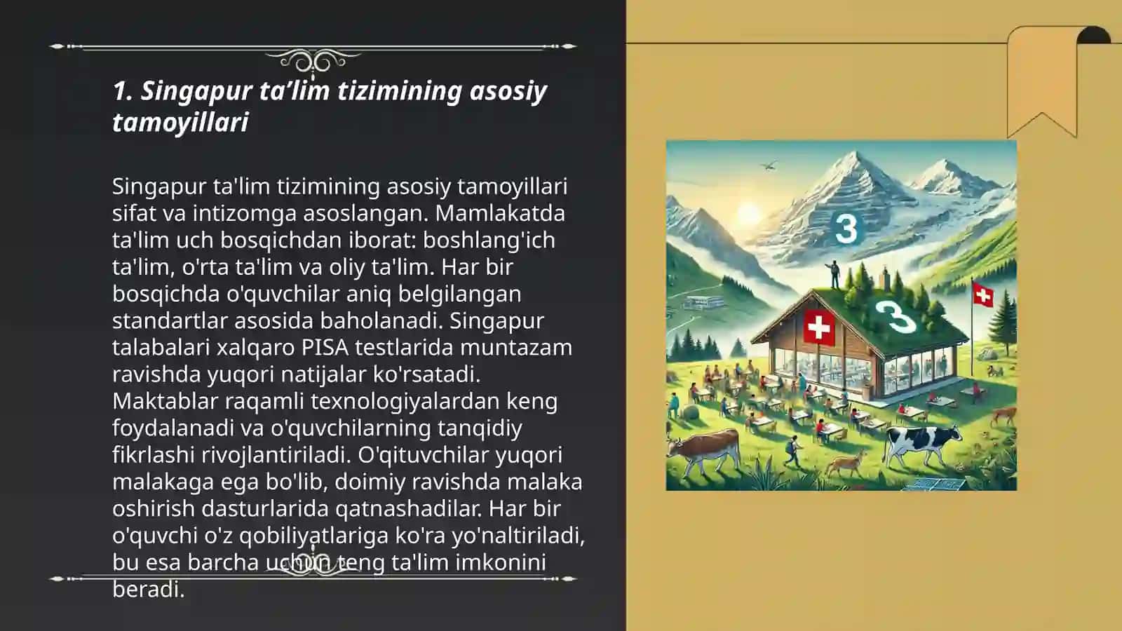 Singapur taʼlim tizimi.Kanadada taʼlim -tarbiya jarayonlari.Shveysariya umumtaʼlim tizimining oʻziga xos xususiyatlari.Jahonning rivojlangan mamlakatlarida tarbiya jarayonining etnik xususiyatlari 3