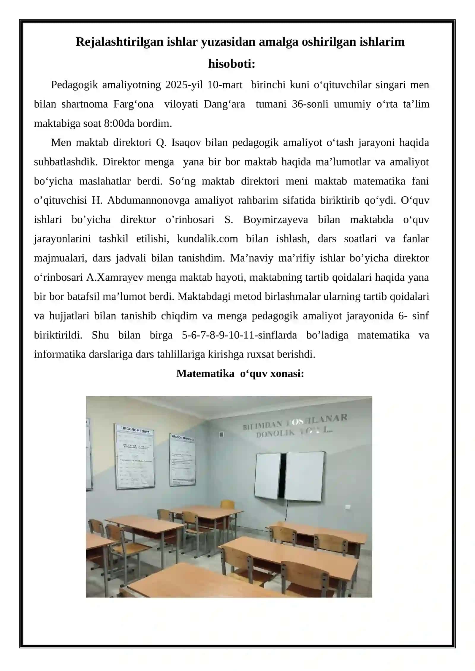PEDAGOGIK AMALIYOT DAVRIDA BAJARGAN ISHLARI YUZASIDAN TAYYORLAGAN HISOBOTI 3